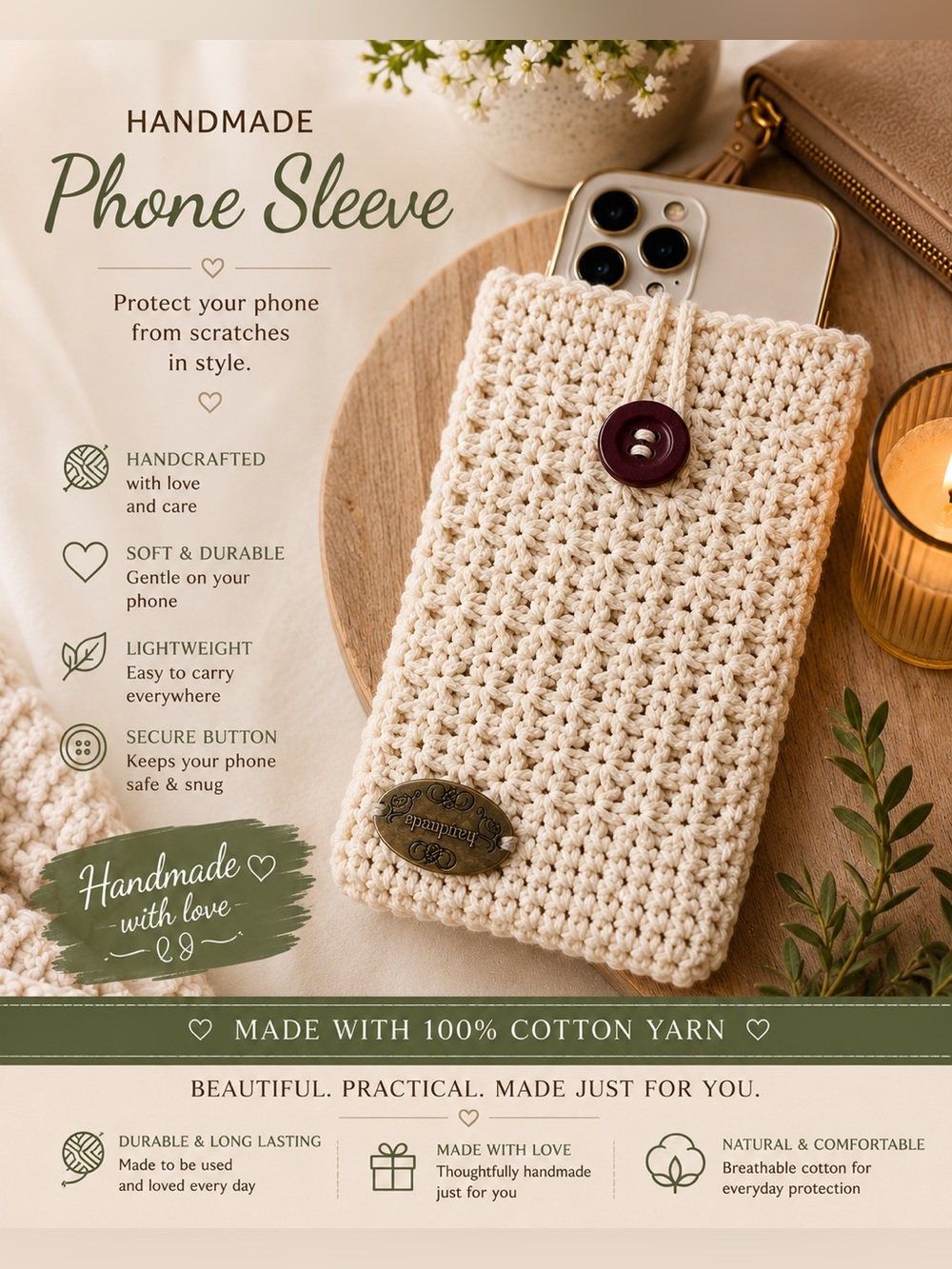 Crochet Phone Sleeve with Burgundy Button closure